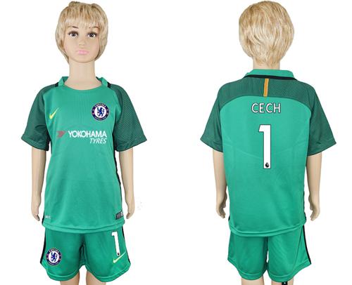 Chelsea #1 Cech Green Kid Soccer Club Jersey